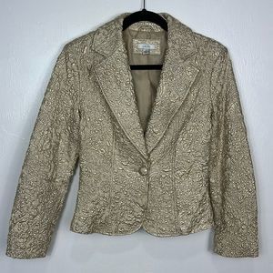 Real Leather CACHE Gold Tone Textured One Button Closure Blazer Jacket Size 6
